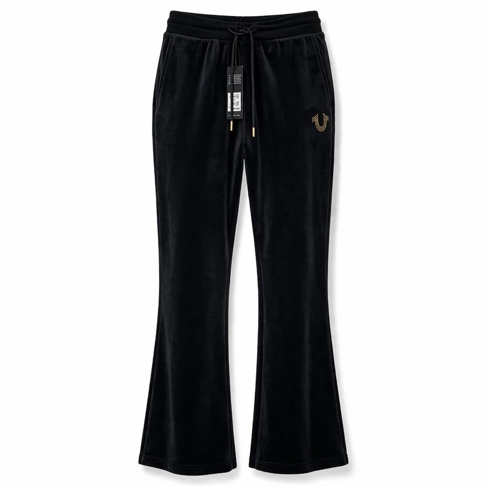 True Religion Velour Straight Leg Pants Black Gold Rhinestone Logo NWT Size S